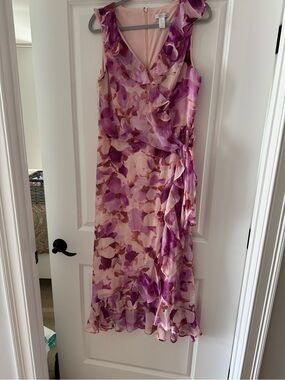 London Times Pink and Purple Floral Ruffle Wrap Midi Dress